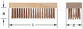 Image shows the side and top view of a small, straight, wood board used in a flat back scratch brush with nineteen rows of parallel, vertical wire bristles fastened downward from the wood slab. Dimensions "l," "a," and "c" are indicated with arrows, sugge